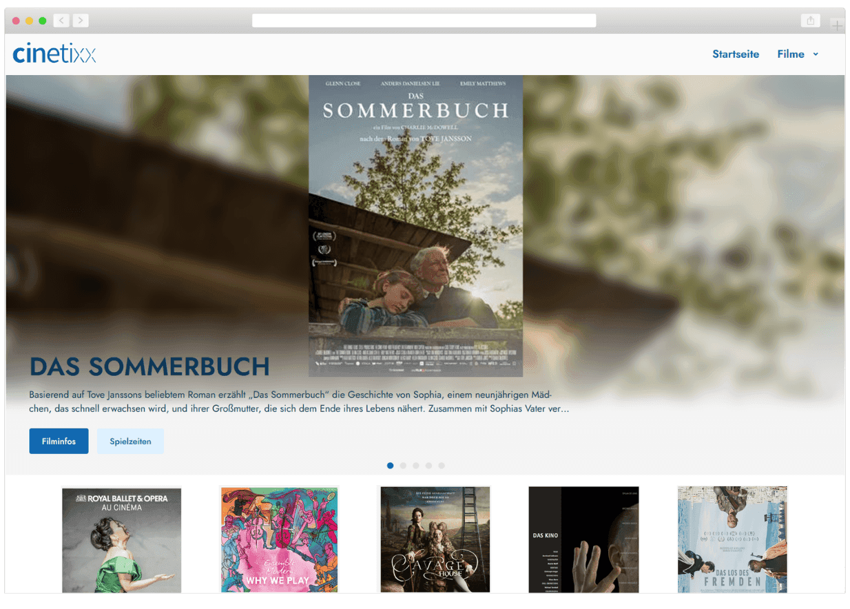 Cinetiox streaming website displaying 'DAS SOMMERBUCH' movie poster with an old man and boy.