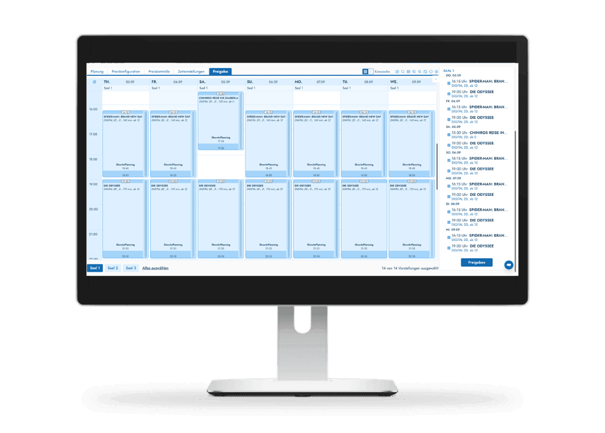 A computer monitor displays a calendar scheduling application with a grid of blue events.