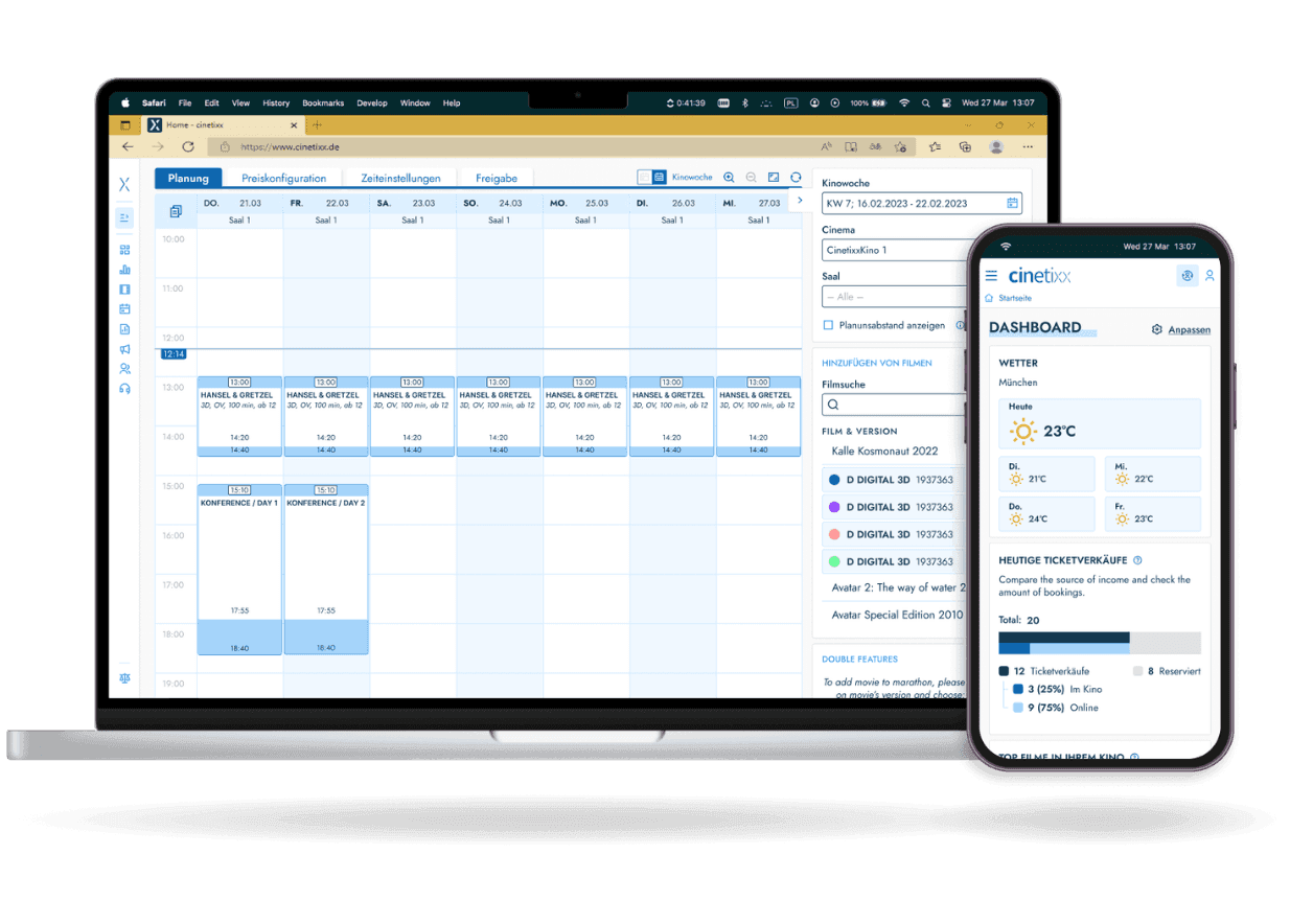 Laptop and smartphone showing business software interfaces for scheduling and data.