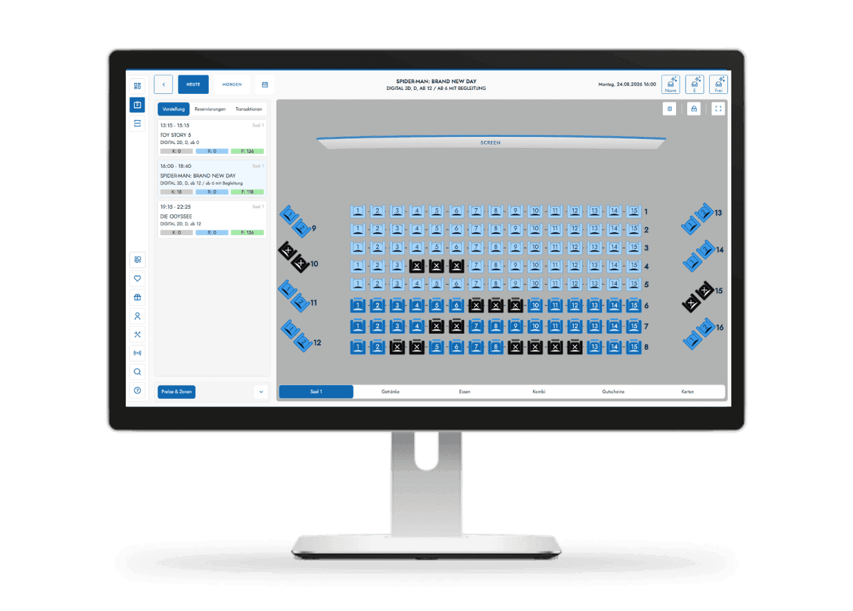 Computer monitor displaying event seating chart software with available and selected seats.