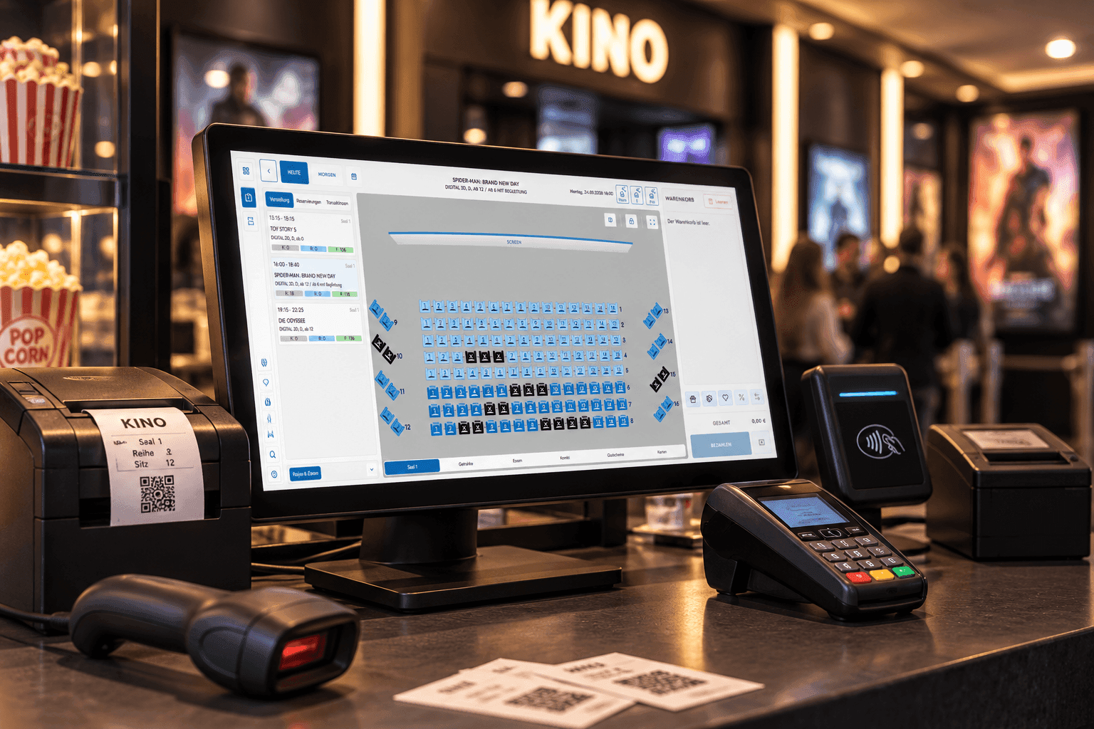 Cinema counter with a computer displaying a seat selection screen, ticket printer, and payment terminal.