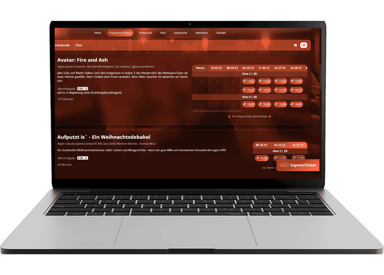 A sleek laptop displays a red-themed web interface for a German e-commerce platform or application.
