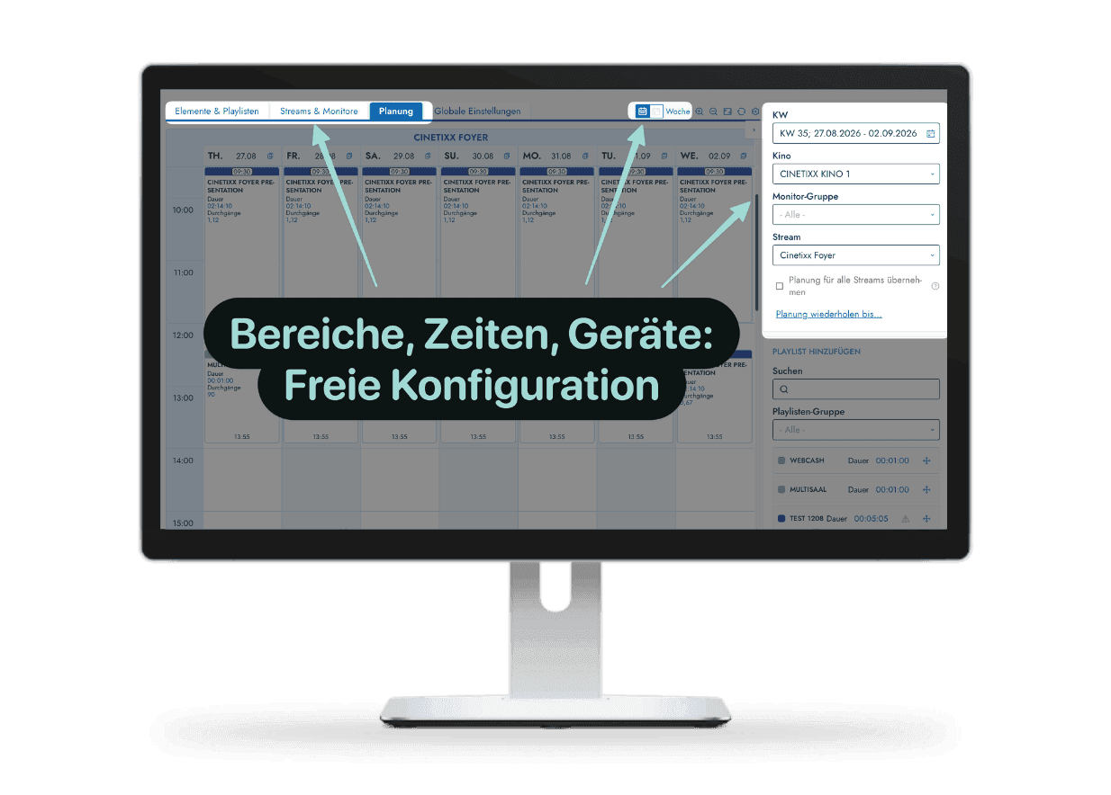 Digital Signage Features - Freie Konfiguration von Bereichen, Zeiten und Geräten