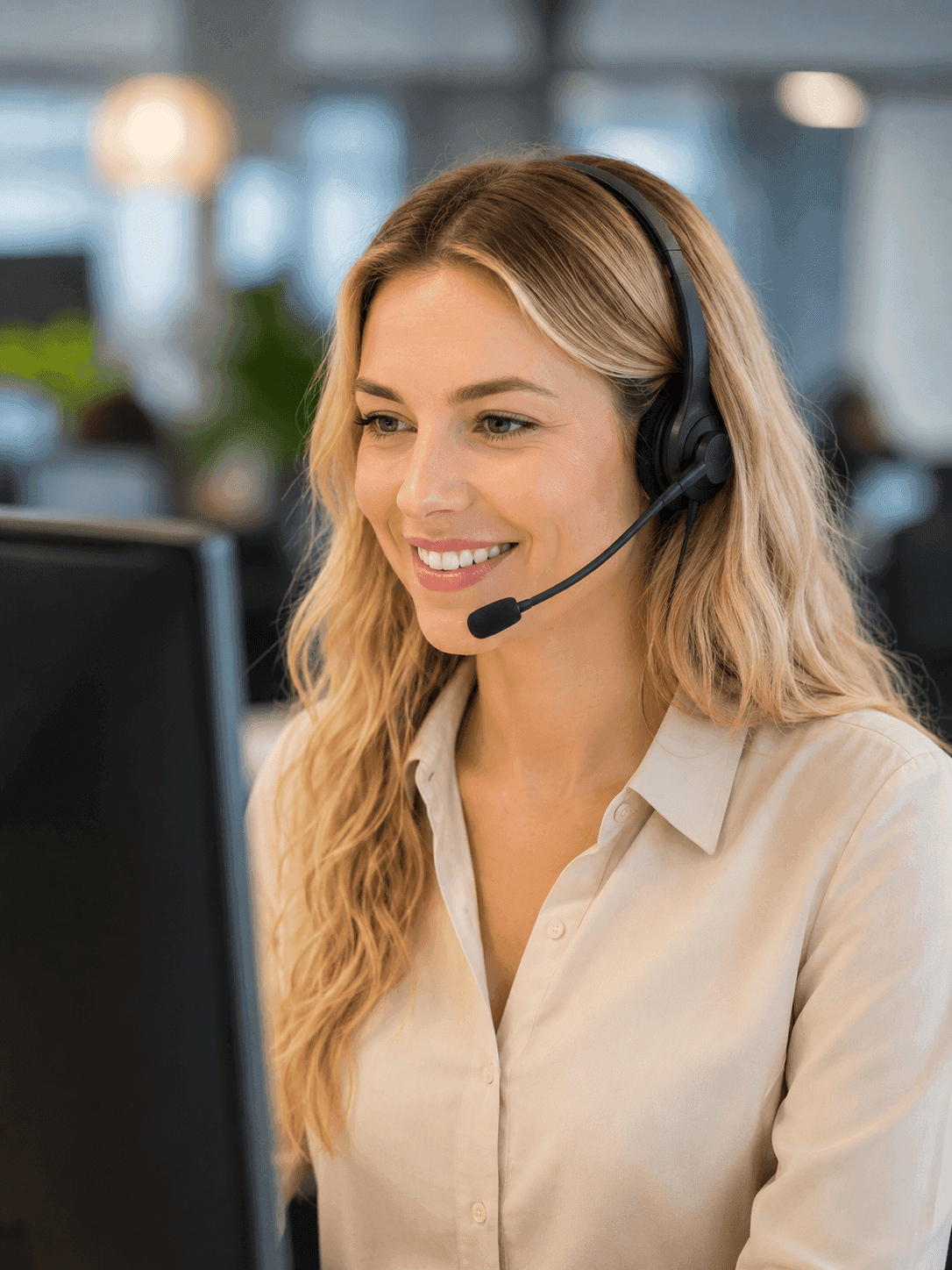 Smiling woman with a headset working at a computer, providing customer service in an office.